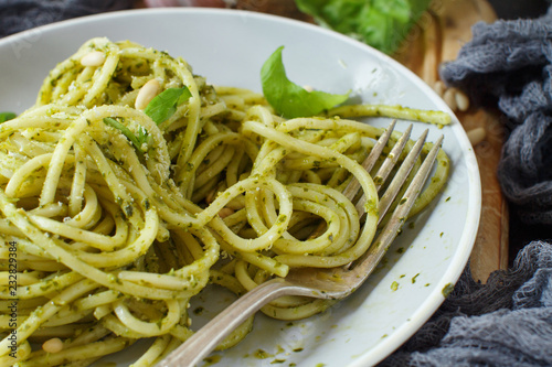 Spaghetti pasta with pesto sauce