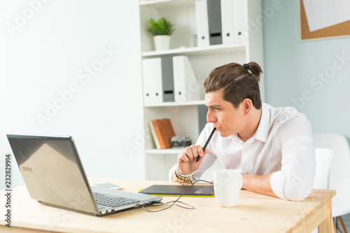 People, working and graphic tablet - young graphic designer in home office working on laptop