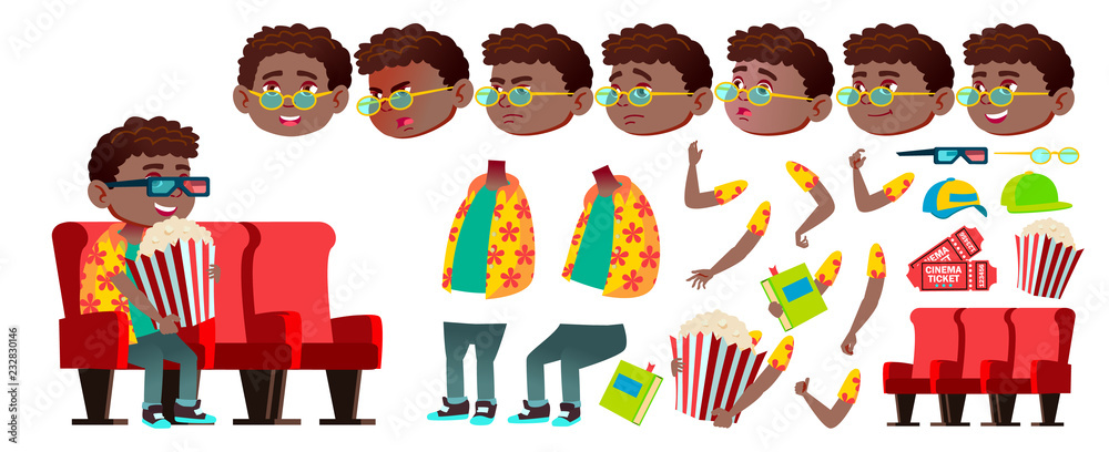 Boy Schoolboy Kid Vector. Black. Afro American. Animation Creation Set ...