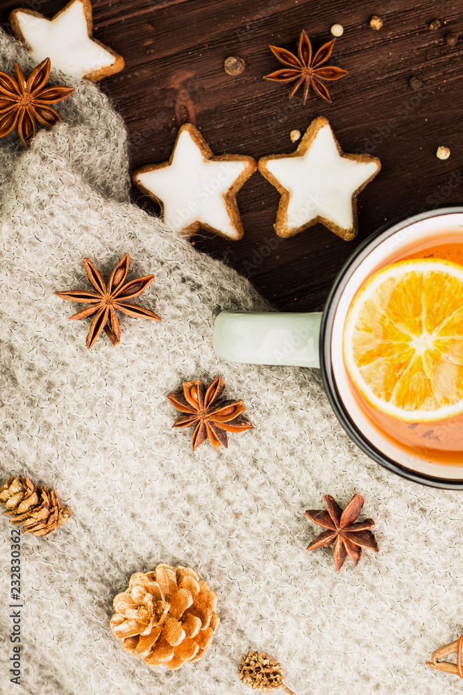 Winter and New Year theme. Christmas tea with spices Winter and New Year theme. Christmas tea with spices