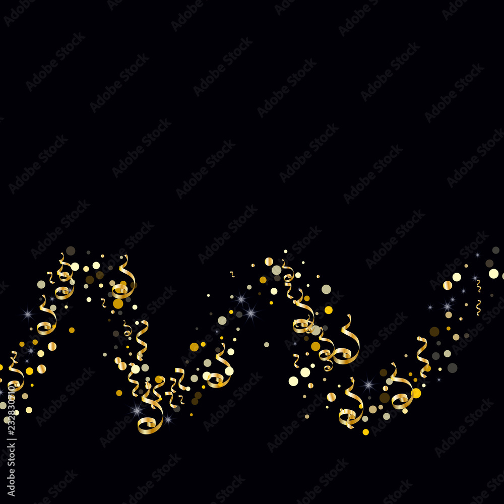 Golden serpentine and confetti on a black background Creative design of wallpaper, background, cover, printing, packaging Golden serpentine and confetti on a black background Creative design of wallpaper, background, cover, printing, packaging