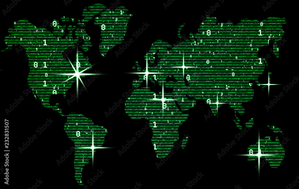 Obraz premium Green world map consists of binary code, concept of digital world