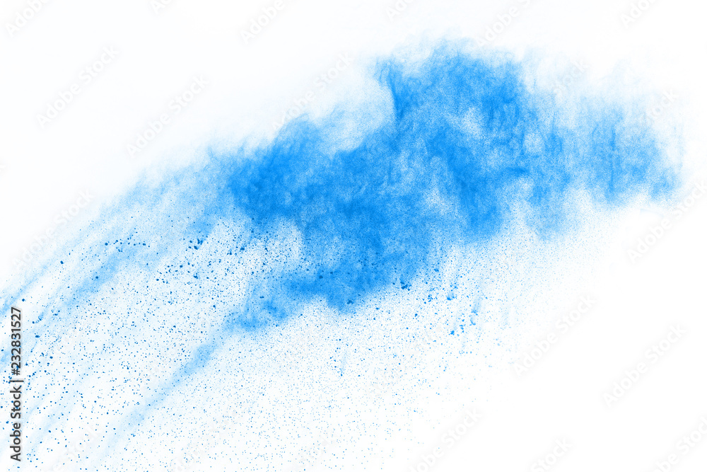 Obraz premium Blue powder explosion on white background. Colored cloud. Colorful dust explode. Paint Holi.