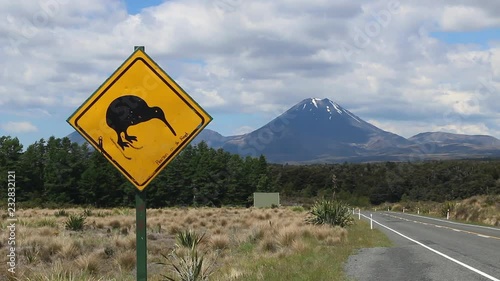 Kiwi road sign Mount Ngauruhoe volcano tongariro national park new zealand