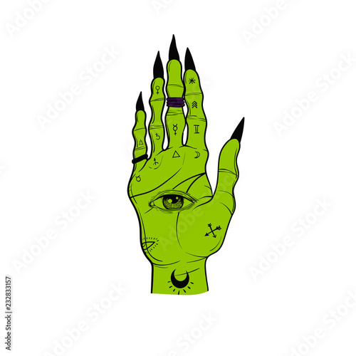Witch hands with black nails, rings, Magic. Boho style.