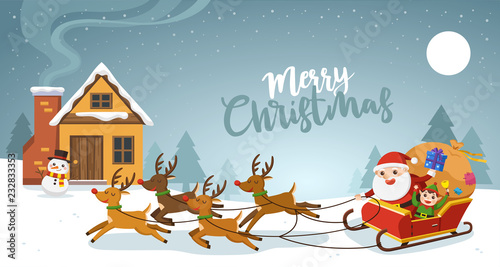 Merry Christmas And Happy New Year Greeting Card. Santa riding in sledge with reindeers.