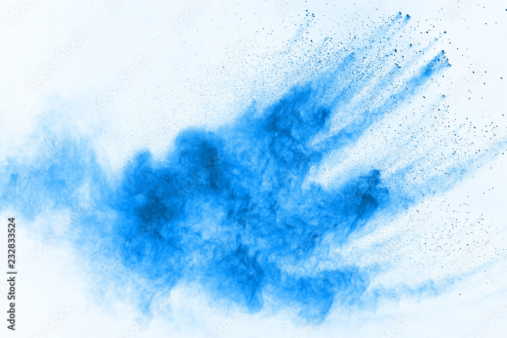 Blue powder explosion on white background. Colored cloud. Colorful dust explode. Paint Holi.