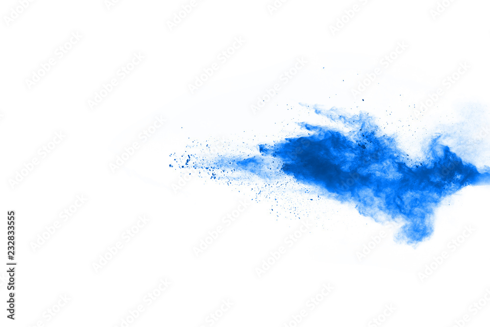 Blue powder explosion on white background. Colored cloud. Colorful dust explode. Paint Holi.