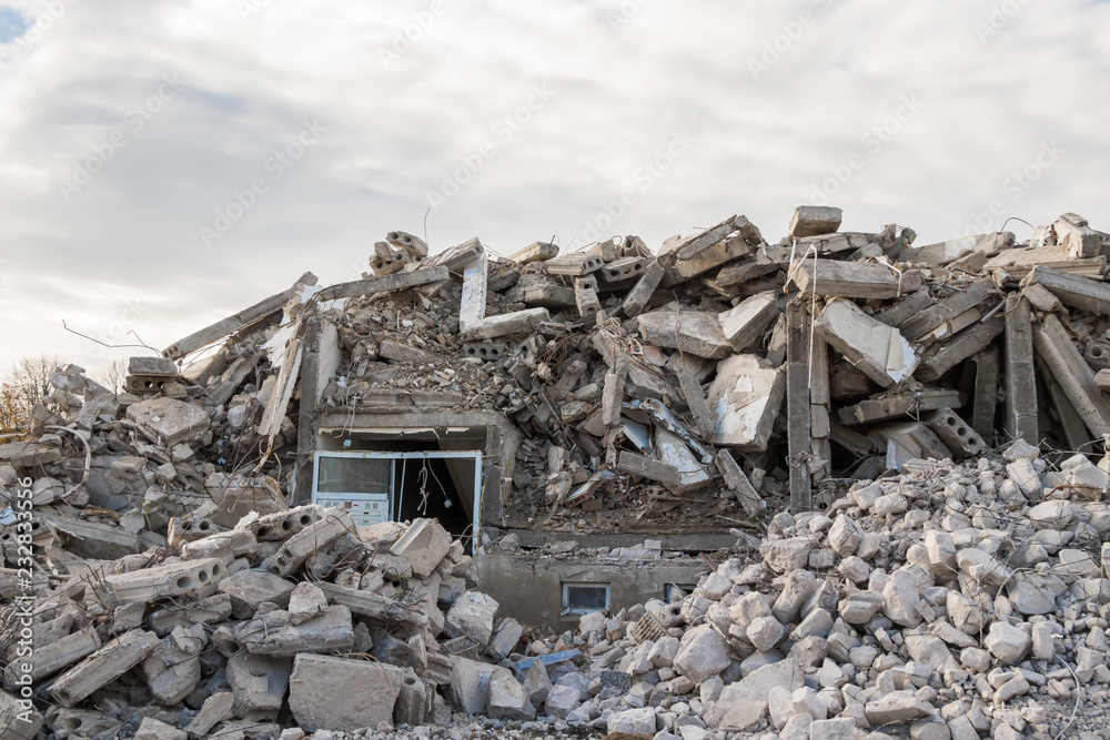 destroyed building - Concrete debris from destroyed building destroyed building - Concrete debris from destroyed building