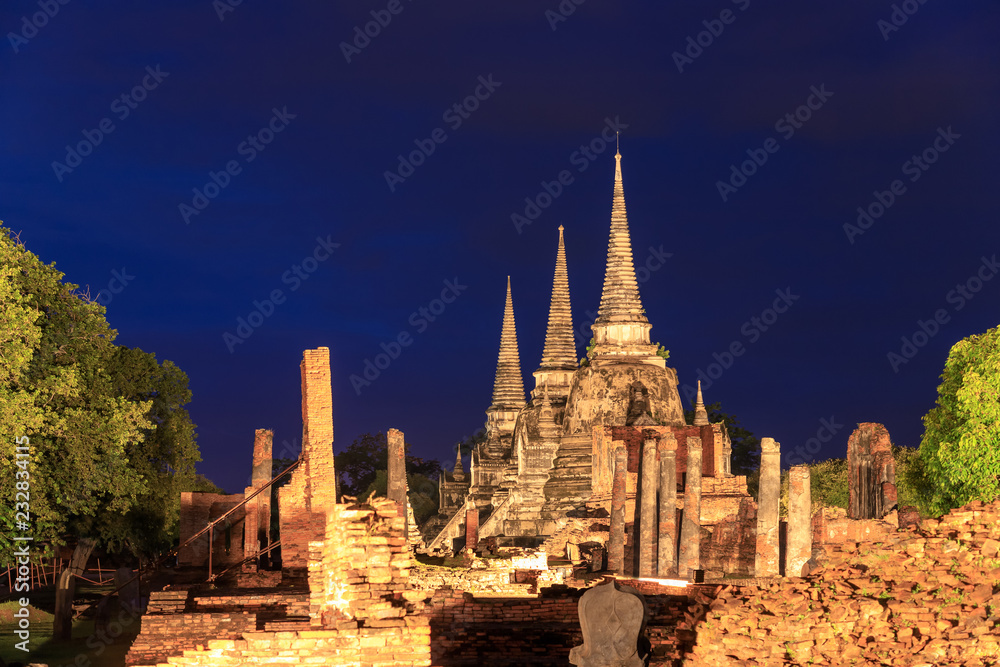 Wat Phra Si Sanphet temple at  night with light up, Ayutthaya