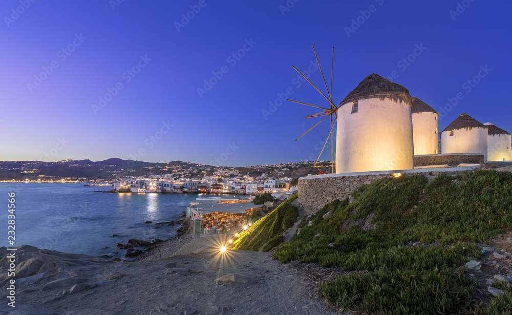Traditional greek windmills on Mykonos island, Cyclades, Greece