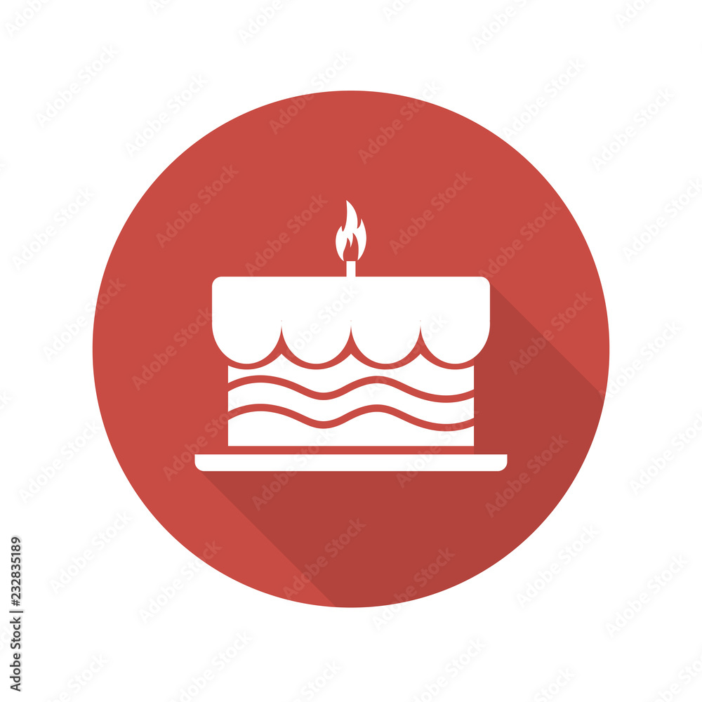 cake icon with shadow, burning candles on top, over red background in flat style. Digital vector image. cake icon with shadow, burning candles on top, over red background in flat style. Digital vector image.