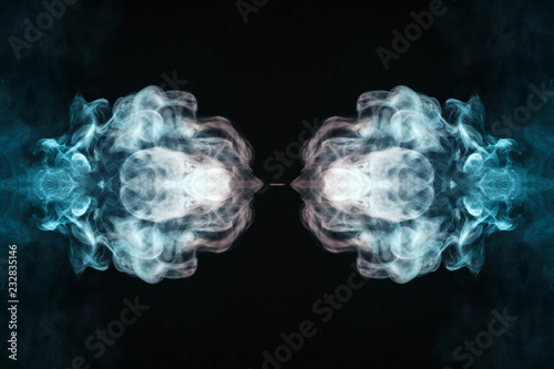Abstract thick colored smoke on a black background with a monster face. The concept of light laser show at a musical concert and a print on a T-shirt