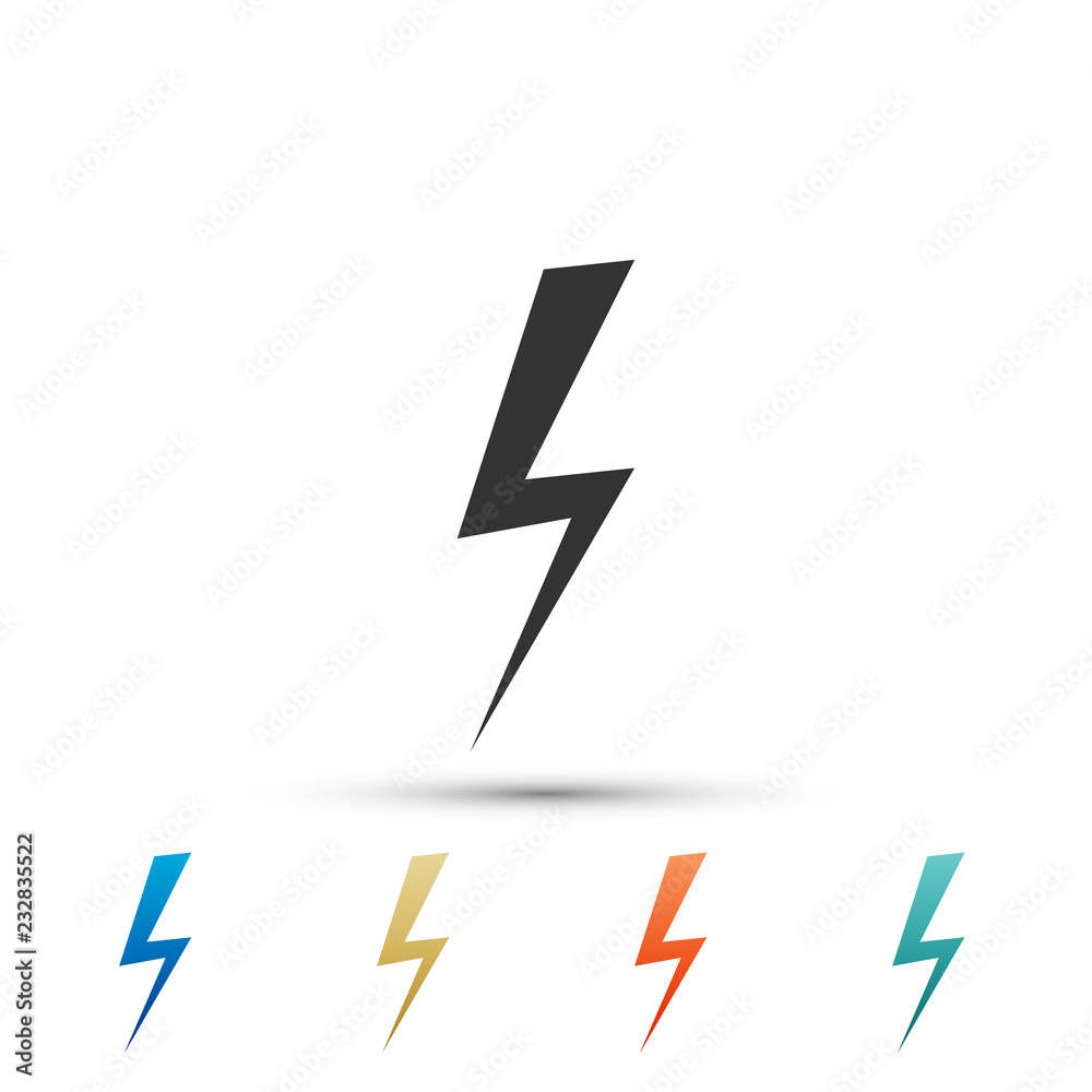 Lightning bolt icon isolated on white background. Flash icon. Charge flash icon. Thunder bolt. Lighting strike. Set elements in colored icons. Flat design. Vector Illustration Lightning bolt icon isolated on white background. Flash icon. Charge flash icon. Thunder bolt. Lighting strike. Set elements in colored icons. Flat design. Vector Illustration