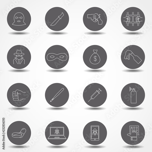 Simple Set of Crime Related Vector Line Icons. Contains such Icons as Robbery, Terrorism, Piracy, Hacking and more. Thin line vector icons for website design and development, app development.