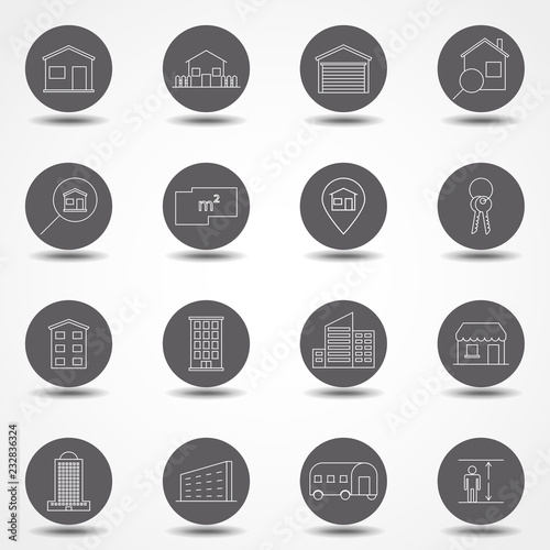 Property and accommodation line icon set. Included the icons as home, house, palace, resort, apartment, tower and more. Thin line vector icons for website design and development, app development.