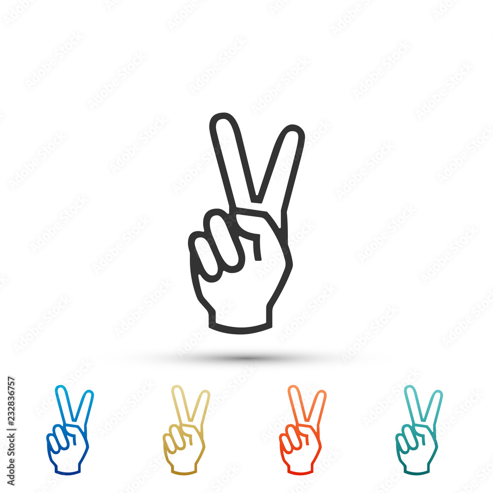 Obraz premium Hand showing two finger icon isolated on white background. Victory hand sign. Set elements in colored icons. Flat design. Vector Illustration