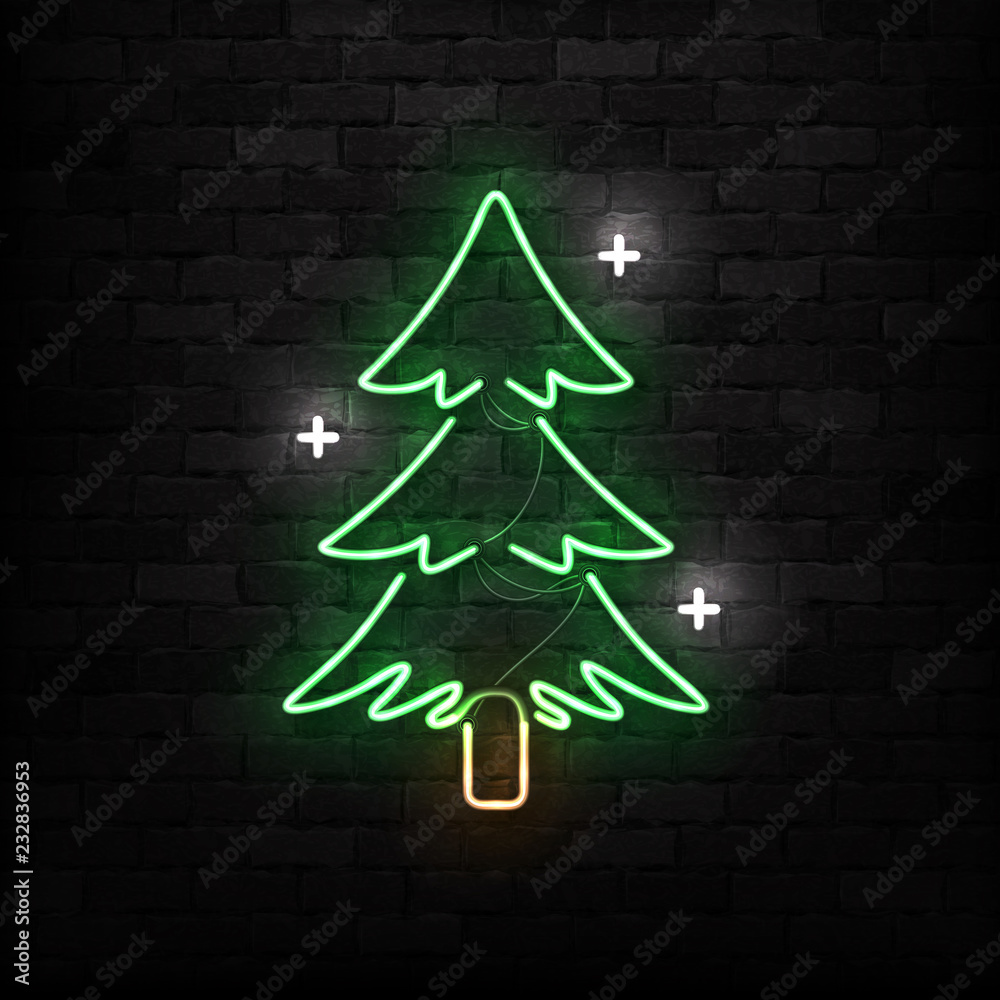 Vector realistic isolated neon sign of Christmas Tree logo for