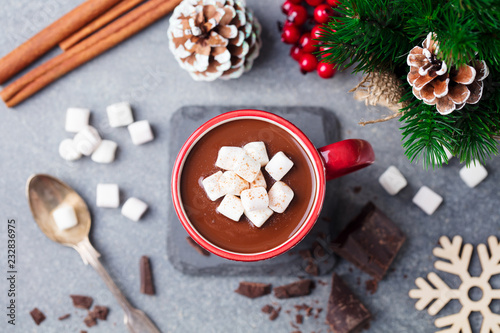 Hot chocolate drink with marshmallows. Christmas, New Year decoration. Grey background. Close up. Top view.