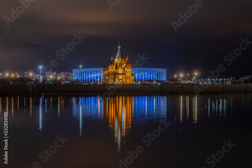 Europe, Russia, the city of Nizhny Novgorod, the Olympic Stadium, the temple, Alexander Nevsky Cathedral, night, river, Volga, Oka