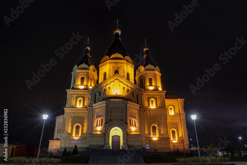 Europe, Russia, Nizhny Novgorod city, temple, Alexander Nevsky Cathedral, night, river, Volga, Oka