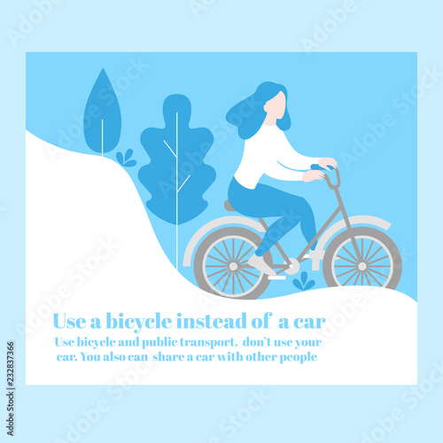 Cartoon cute woman using bike. Eco lifestyle in city, urban ecological transport banner. Environment care. Bicycle rent in park landscape