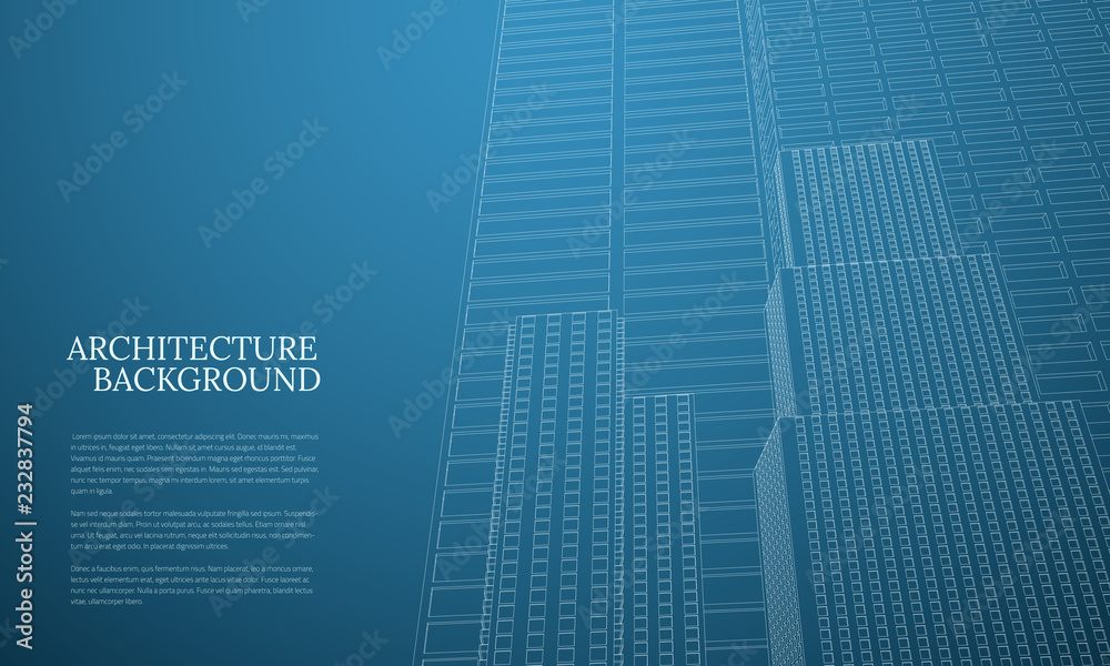 Perspective 3d architecture background with wireframe skyscrapers. Vector illustration.