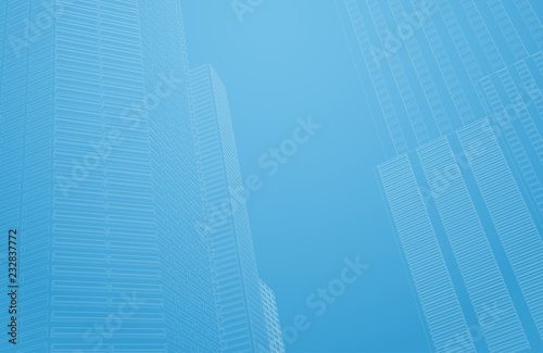 Perspective 3d architecture background with wireframe skyscrapers. Vector illustration.