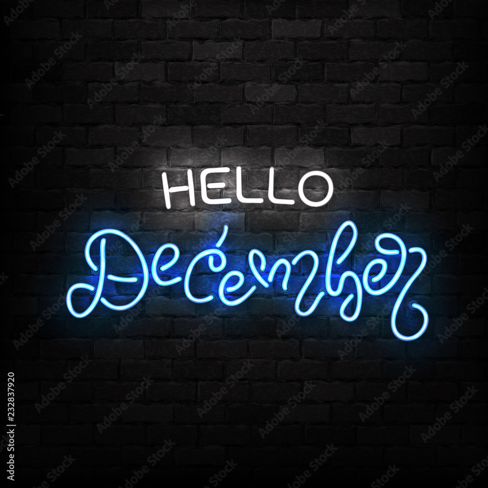 Vector realistic isolated neon sign of Hello December logo for decoration and covering on the wall background. Concept of Happy New Year and Merry Christmas. Vector realistic isolated neon sign of Hello December logo for decoration and covering on the wall background. Concept of Happy New Year and Merry Christmas.
