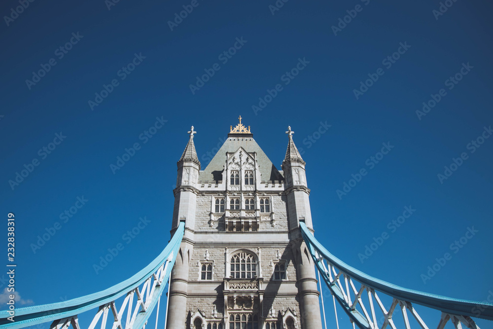View to the Tower Bridge of London in clear blue sky, UK