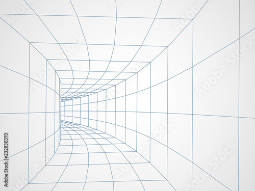 Digital 3d wireframe tunnel. Vector abstract background.