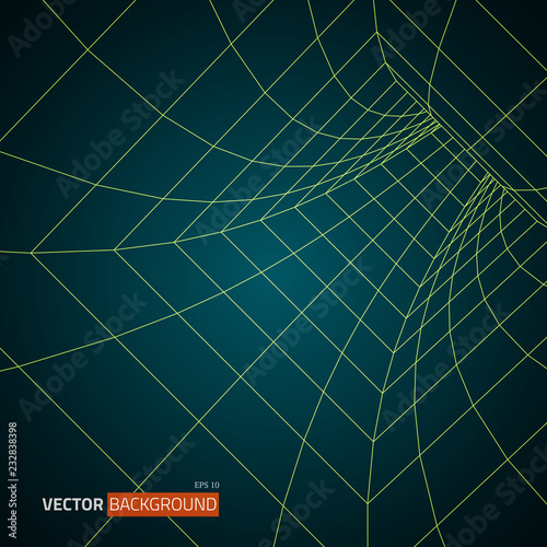 Digital 3d wireframe tunnel. Vector abstract background.