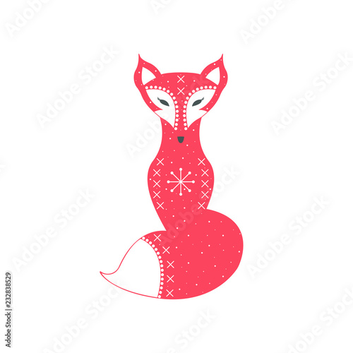 Fox in Scandinavian style. Beautiful red Fox with fluffy tail on white background. 