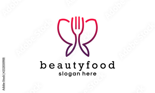 Beauty Food logo design template. Vector fork like illustration butterfly background. Graphic fork icon symbol for cafe, restaurant, cooking business. Modern linear catering label, emblem,