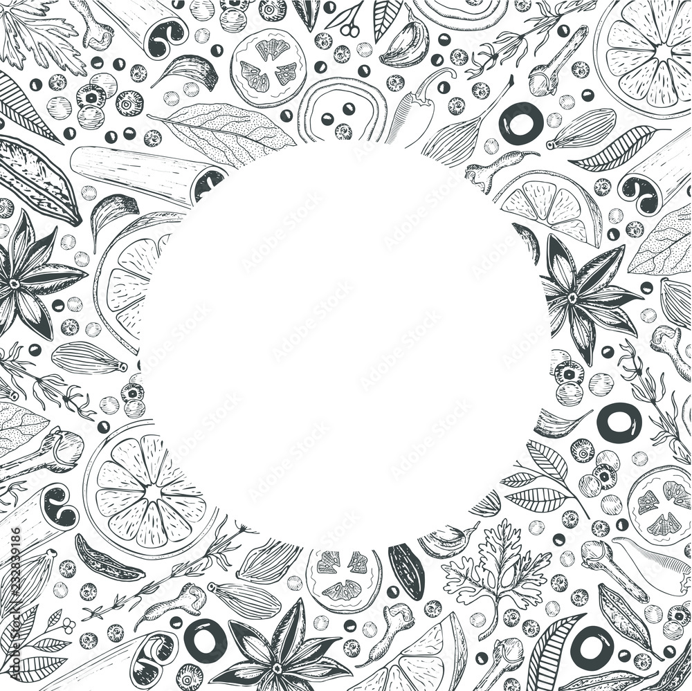Vector card design with hand drawn spices, herbs, vegetables and fruits. White background. Vector card design with hand drawn spices, herbs, vegetables and fruits. White background.