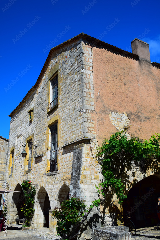 Architecture in the medieval bastide village of Monpazier, built by Edward the Longshanks of England, in the Dordogne region of France