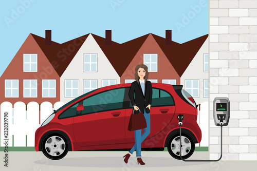 Woman charges an electric car at a charging station on back yard at house. Vector illustration