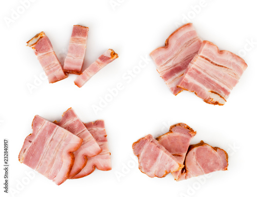 Pieces of bacon in different compositions close-up, top view.