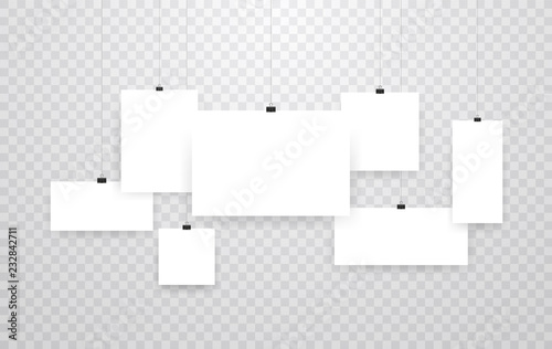 Blank hanging photo frames or poster templates isolated on transparent background. Photo picture hanging, frame paper gallery portfolio illustration vector