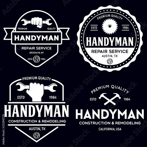 Handyman labels badges emblems and design elements. Tools silhouettes. Carpentry related vector vintage illustration.
