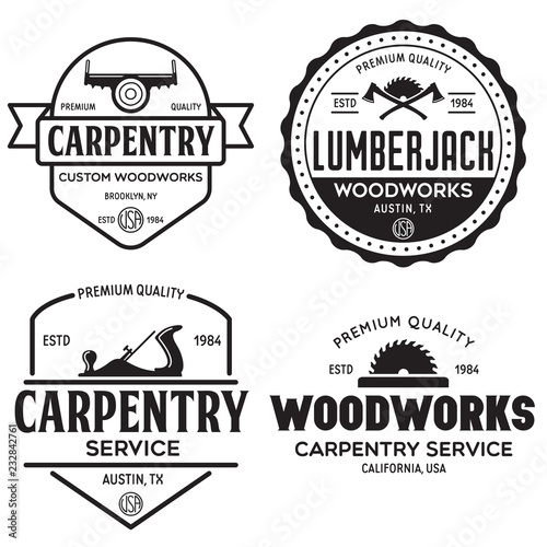 Woodwork badges. Set of carpentry, woodworkers, lumberjack, sawmill service monochrome vector labels, emblems and logos.