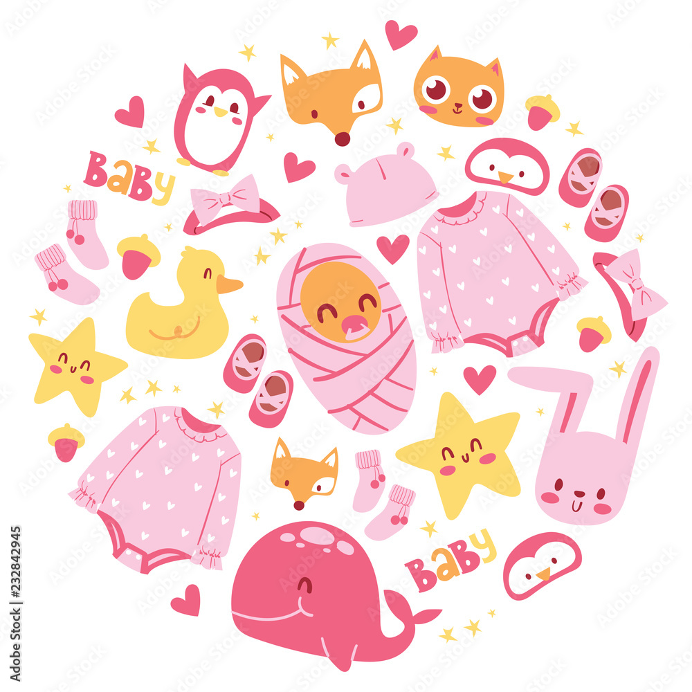 Baby shower vector illustration. Newborn girl arrival and shower collection with accessories for kid. It s a girl. Clothing animals cat fox duck rabbit whale, penguin, cat. Baby shower vector illustration. Newborn girl arrival and shower collection with accessories for kid. It s a girl. Clothing animals cat fox duck rabbit whale, penguin, cat.