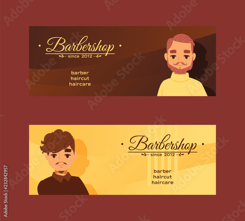 Barbersop banner vector illustration. Hipster style haircuts, beard, mustache, haircare. Cartoon male character faces. Gentlemen s Club brochure, poster.