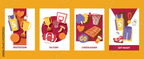 Basketball cads vector illustration. Invitation. Victory. Cheerleader. Get ready. Uniform, trophy, medal, basket, ball, stopwatch, pom, whistle. For banner, poster, invitation.