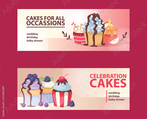 Cupcake poster design bakery cake dessert card vector illustration. Muffin holiday sweet party background design.