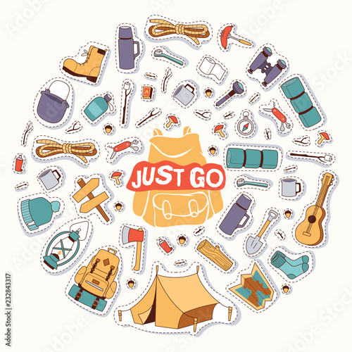Camping stickers survival exploration just go tourism and hiking vector illustration. Tent backpack map flashlight ax boots rope mountains forest.