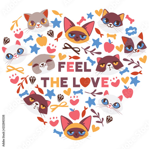 Cute cats in heart shape vector illustration. Cartoon animal faces. Funny pets for banner, flyer, invitation, brochure, poster. Domestic kittens with emotions. Feel the love.