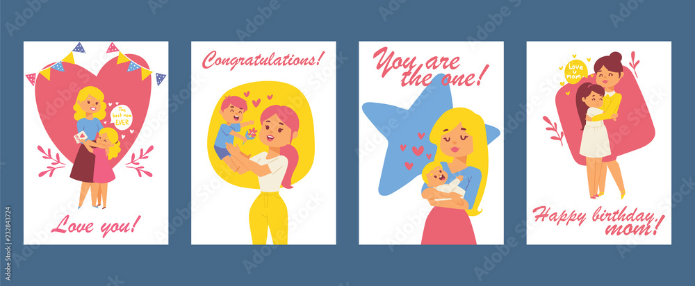 Beautiful women with children. Happy mothers day card. Happy birthday greeting card. Vector illustration with mom and kids. Lovely parenting, motherhood. Hugging people. Beautiful women with children. Happy mothers day card. Happy birthday greeting card. Vector illustration with mom and kids. Lovely parenting, motherhood. Hugging people.