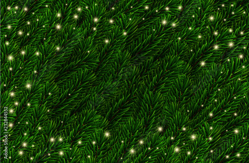 Vector festive Pine Branches background. Fir branches Christmas pattern, lights. Realistic green spruce tree branches.