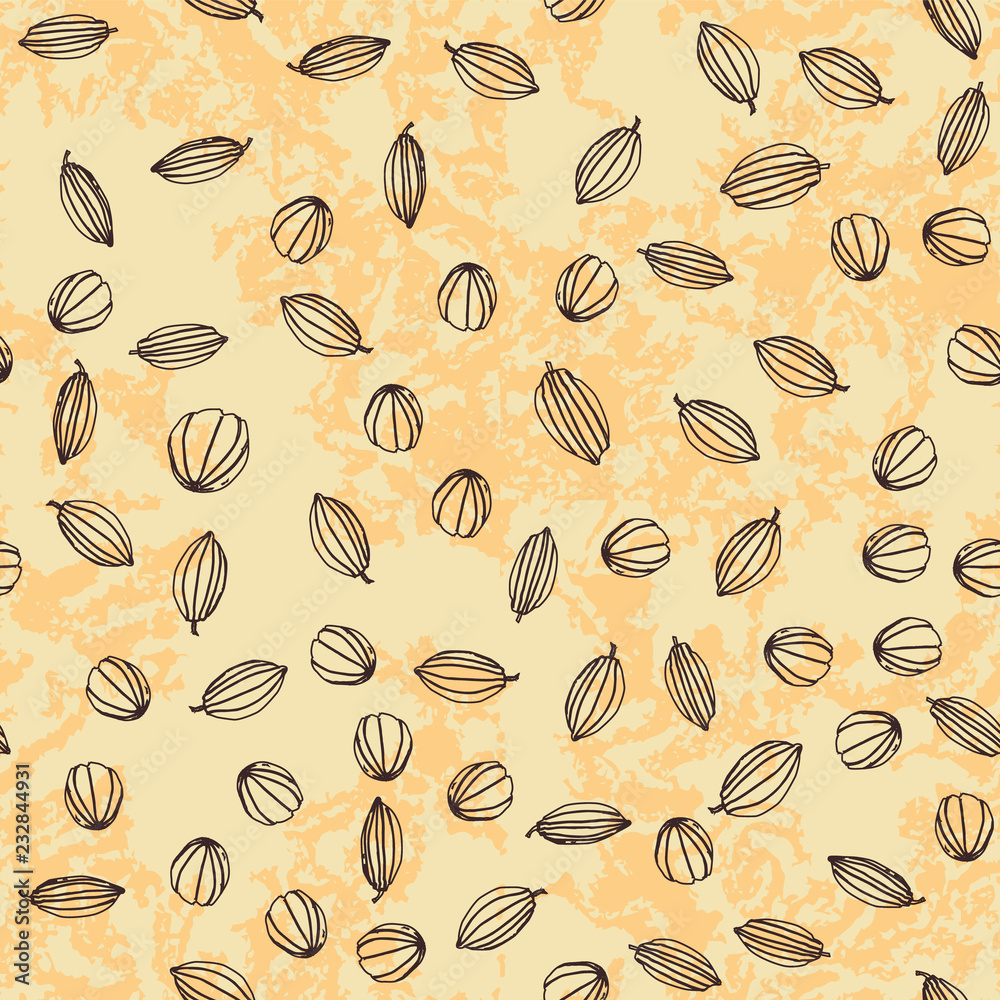 Cocoa pods on textured background in a retro engraving style seamless vector pattern. Cocoa pods on textured background in a retro engraving style seamless vector pattern.